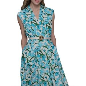 NWT KARL LAGERFELD Linen Blend Floral V Neck Cap Sleeve Belted Blouson Dress 6